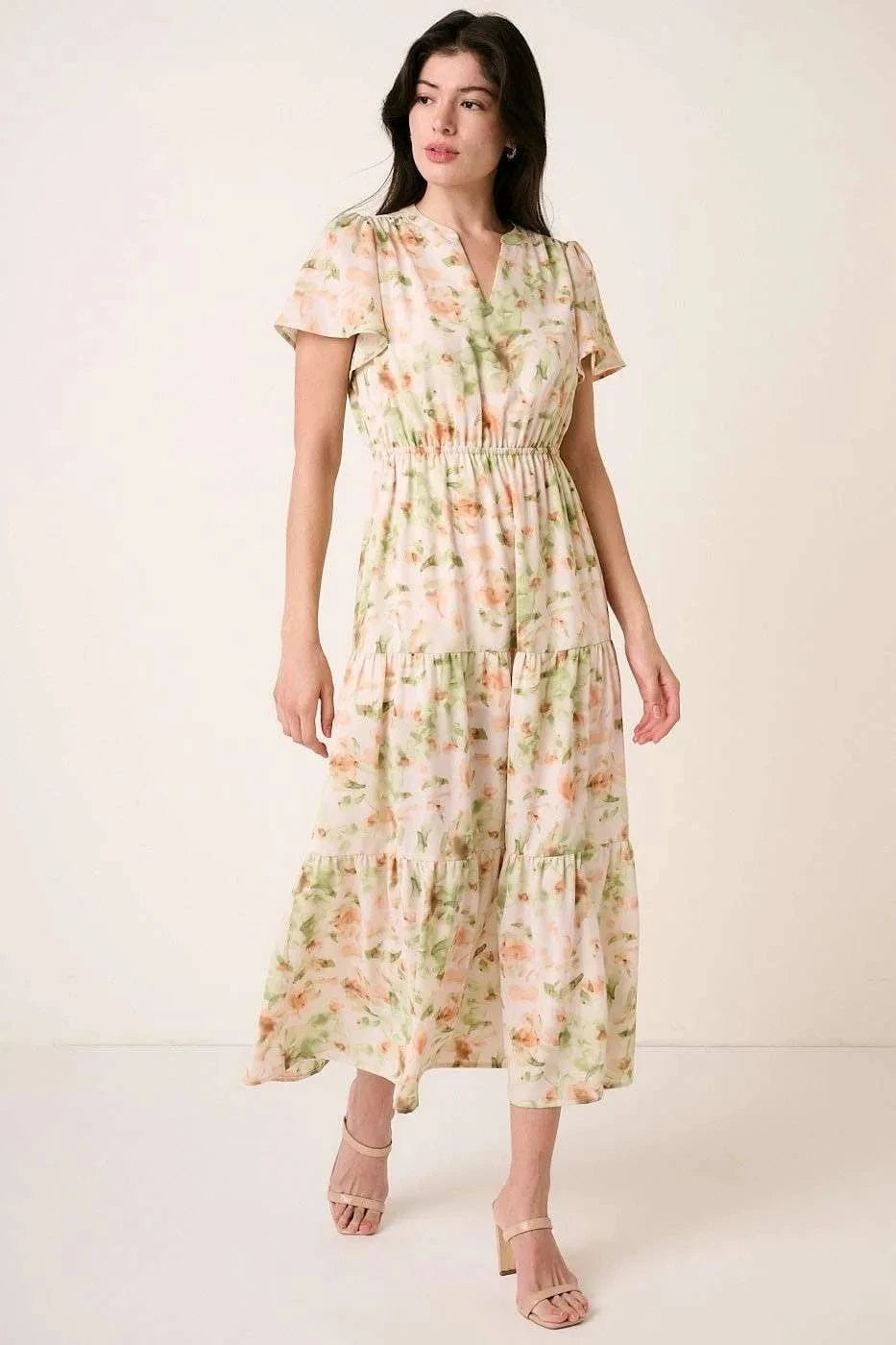 Mittoshop dresses SAGE / S Mittoshop Flower Print Flutter Sleeve V Slit Maxi Dress