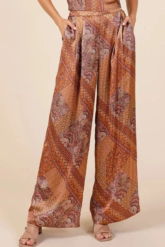 Mittoshop Hazelnut / S Mittoshop Paisley Patchwork Print Satin Wide Leg Pants