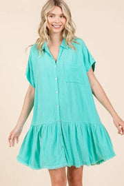 Mittoshop Mini Dresses Aqua / S Mittoshop Linen Blend Button Down Shirt Mini Dress