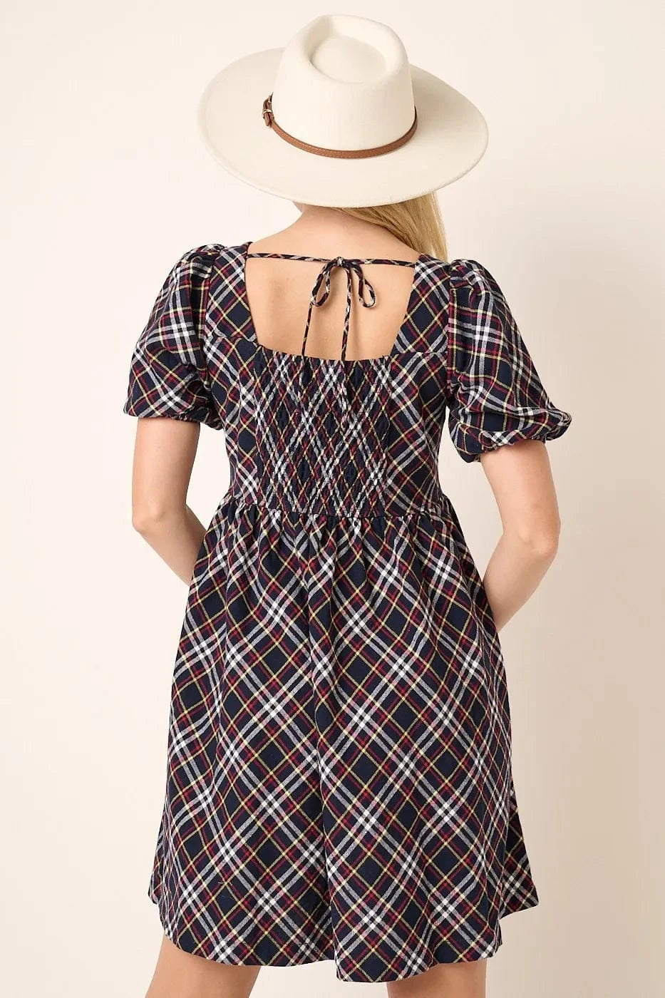 Mittoshop Mini Dresses Mittoshop Checkered Print Puff Sleeve Babydoll Mini Dress