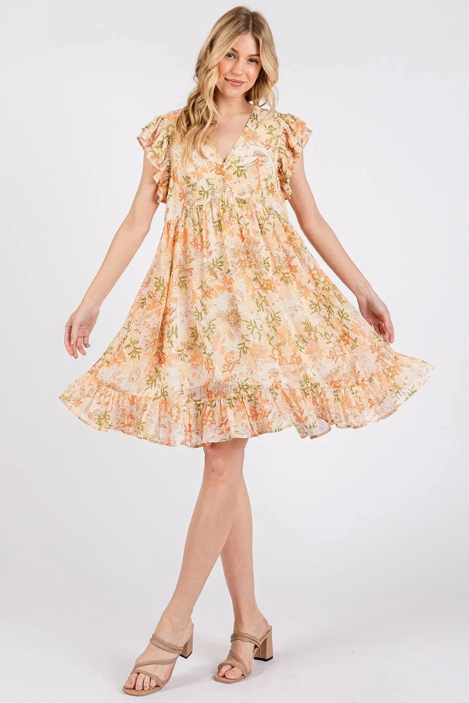 Mittoshop Mini Dresses Mittoshop Floral Chiffon Ruffle Short Sleeve Mini Dress