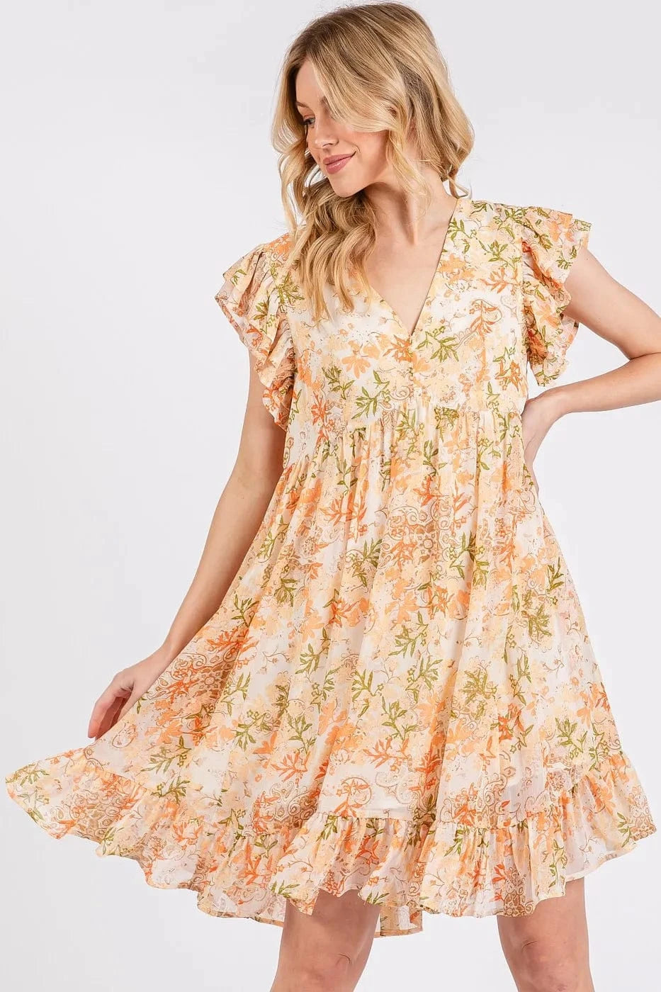Mittoshop Mini Dresses Mittoshop Floral Chiffon Ruffle Short Sleeve Mini Dress