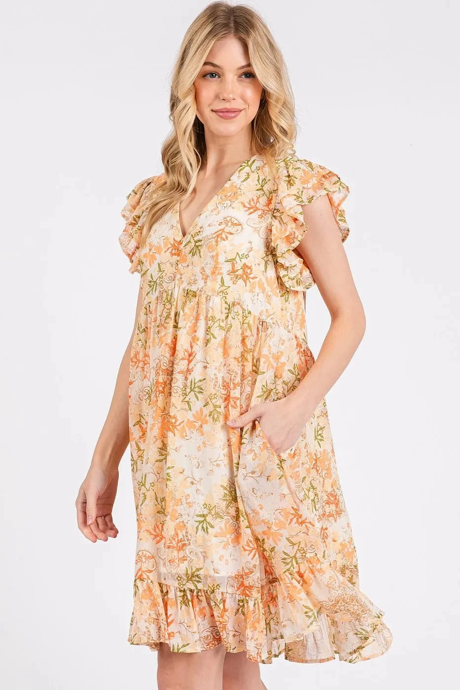 Mittoshop Mini Dresses Mittoshop Floral Chiffon Ruffle Short Sleeve Mini Dress