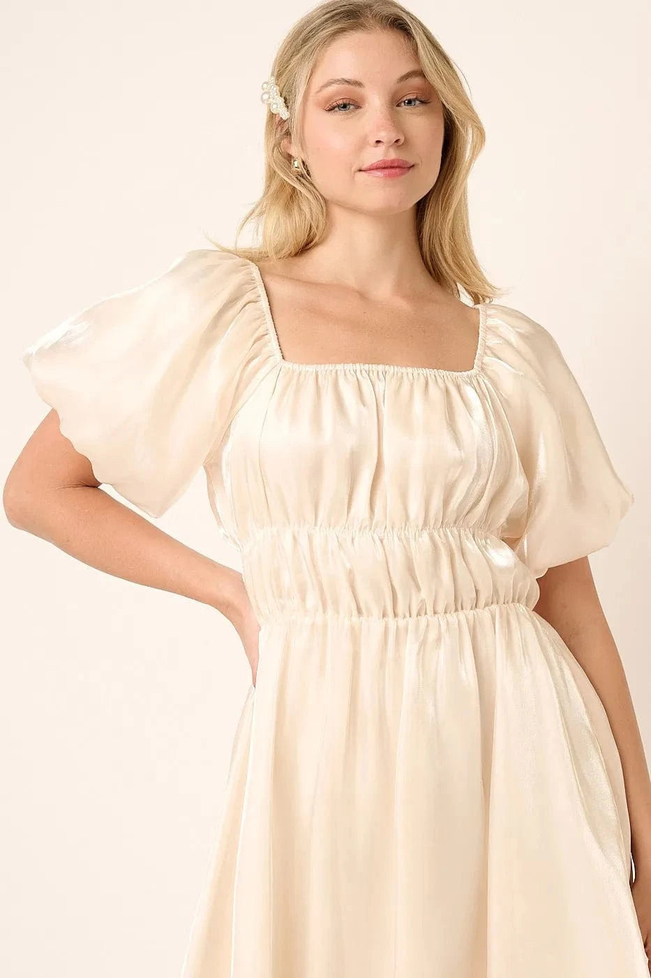 Mittoshop Mini Dresses Mittoshop Metallic Organza Fabric Balloon Sleeve Mini Dress