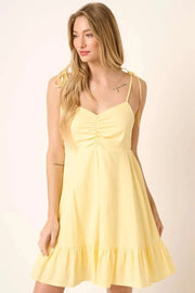 Mittoshop Mini Dresses YELLOW / S Mittoshop Ruched Detail Spaghetti Tie Mini Dress