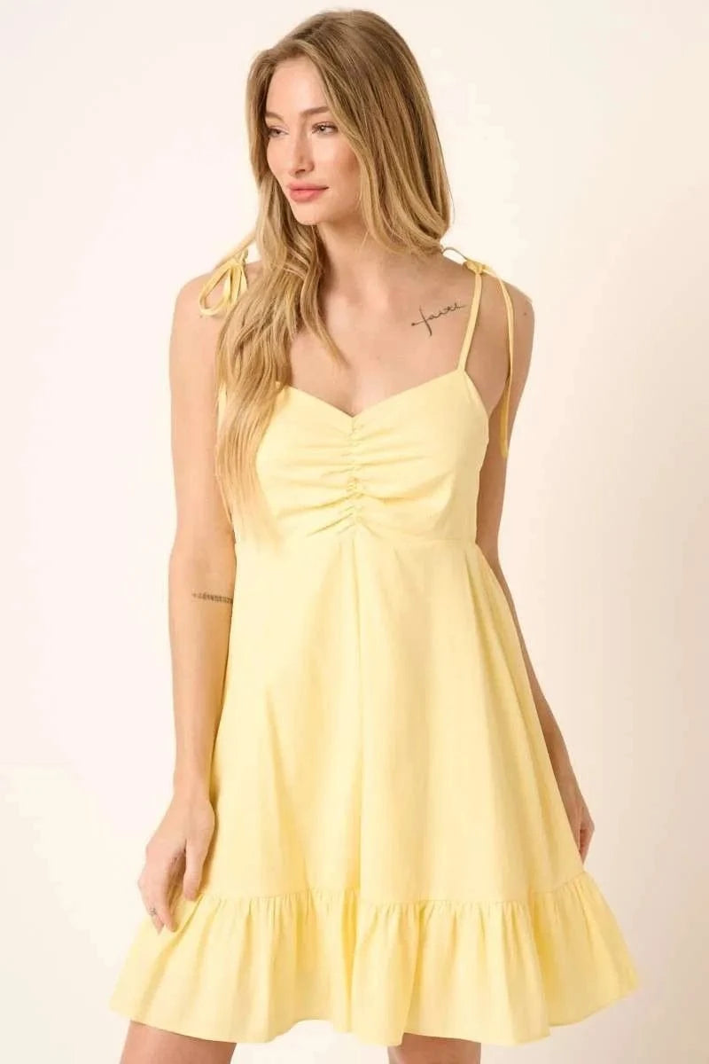 Mittoshop Mini Dresses YELLOW / S Mittoshop Ruched Detail Spaghetti Tie Mini Dress