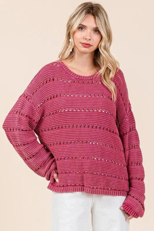 Mittoshop Sweater Dresses Mittoshop Openwork Round Neck Drop Shoulder Sweater