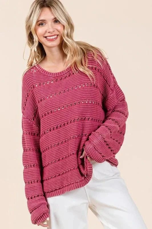 Mittoshop Sweater Dresses Mittoshop Openwork Round Neck Drop Shoulder Sweater