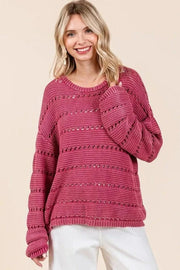 Mittoshop Sweater Dresses RASPBERRY / S Mittoshop Openwork Round Neck Drop Shoulder Sweater