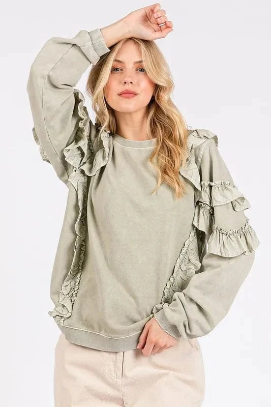 Mittoshop Sweatshirts & Hoodies Mittoshop Ruffled Mineral Washed Round Neck Long Sleeve Sweatshirt
