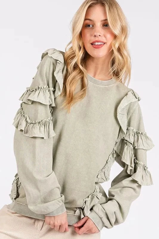 Mittoshop Sweatshirts & Hoodies Mittoshop Ruffled Mineral Washed Round Neck Long Sleeve Sweatshirt