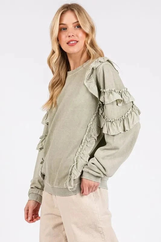 Mittoshop Sweatshirts & Hoodies Mittoshop Ruffled Mineral Washed Round Neck Long Sleeve Sweatshirt