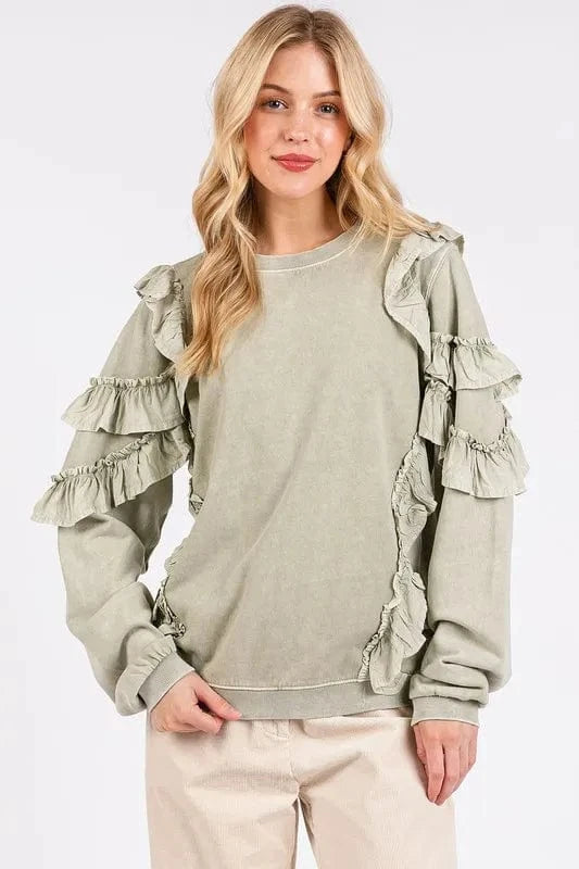 Mittoshop Sweatshirts & Hoodies Sage / S Mittoshop Ruffled Mineral Washed Round Neck Long Sleeve Sweatshirt