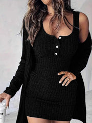 Moya Black / S Ribbed Button Front Dress and Cardigan Sweater Set