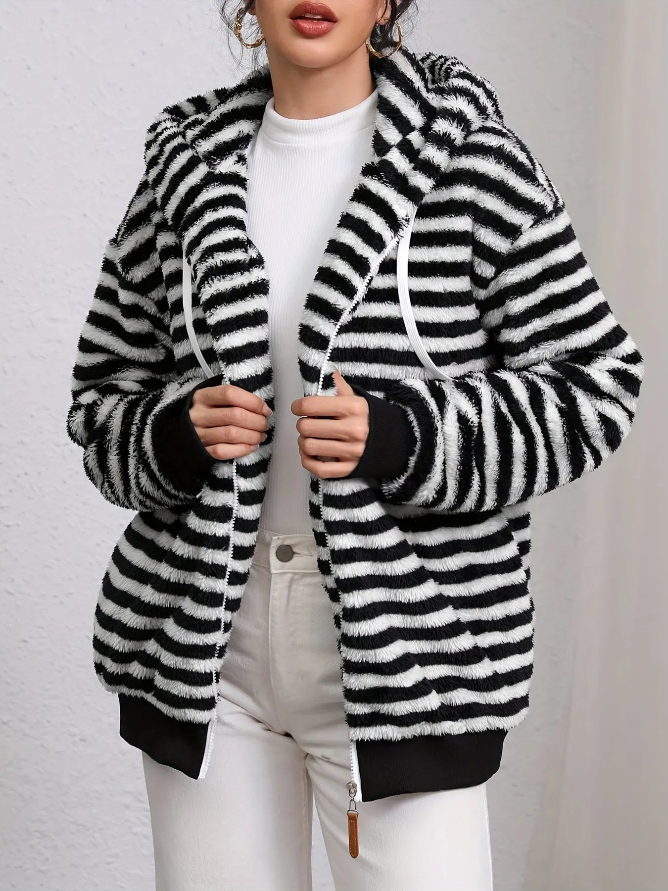 Moya Trench Coats Black / S Striped Fuzzy Zip Up Hooded Outerwear