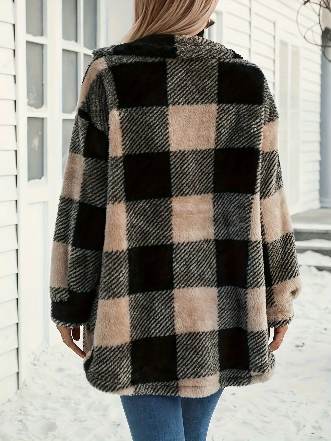 Moya Trench Coats Button Down Collared Neck Plaid Teddy Coat with Pockets