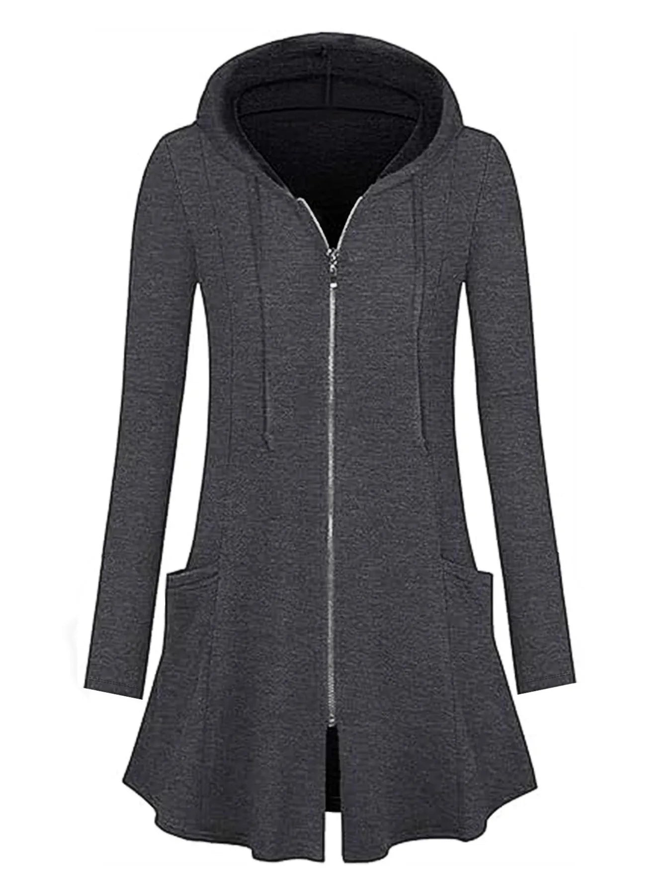 Moya Trench Coats Gray / S Longline Hooded Zip-Up Cardigan Coat with Flared Hem