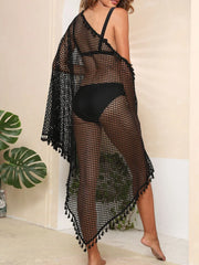 Oh Black / One Size Tassel Openwork Open Front Cover-Up