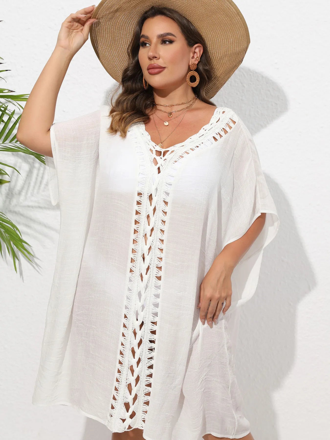 Oh Crochet Trim V-Neck Beach Cover Up Dress