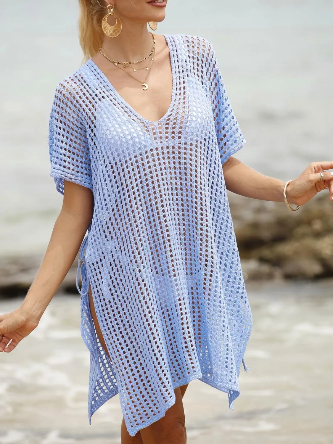 Oh Light Blue / One Size Side Tied V-Neck Cover-Up