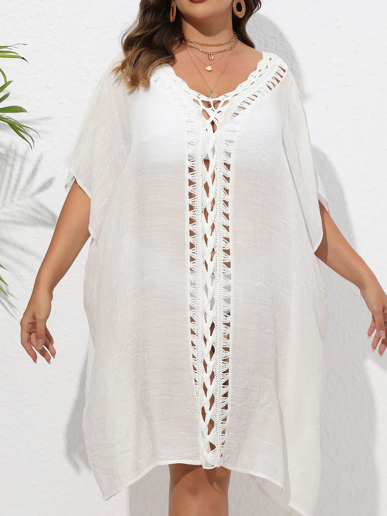 Oh White / One Size Crochet Trim V-Neck Beach Cover Up Dress
