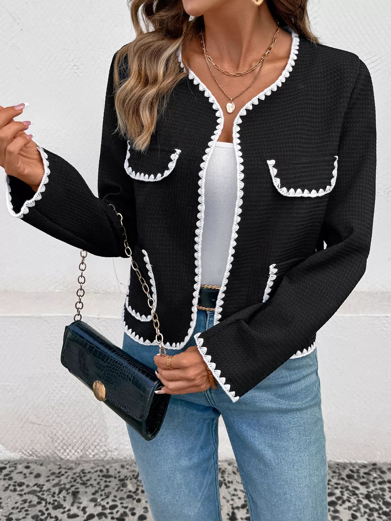 Perfee Black / S Contrast Trim Open Front Jacket