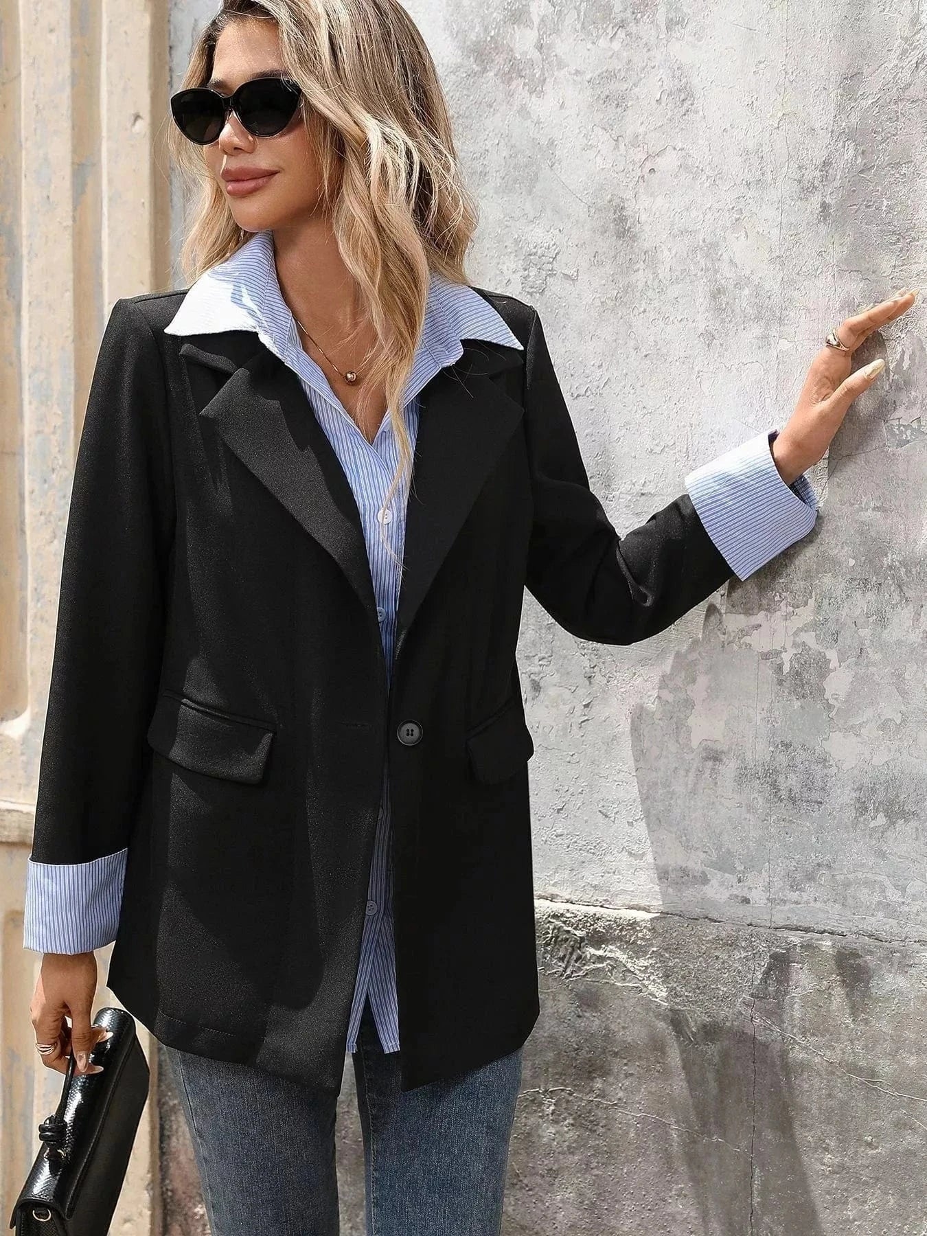 Perfee Blazers Striped Collar Long Sleeve Fake Two-Piece Blazer