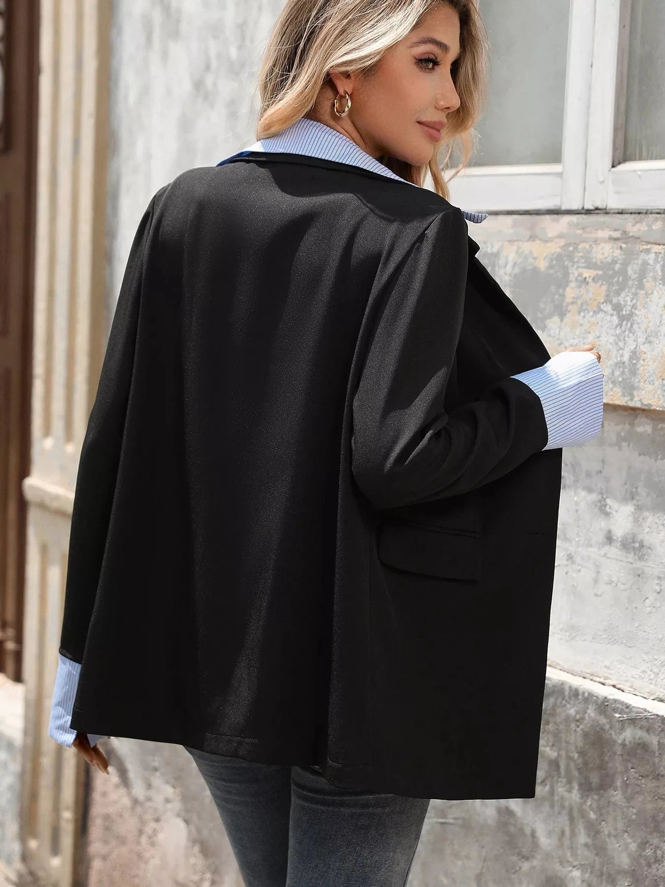 Perfee Blazers Striped Collar Long Sleeve Fake Two-Piece Blazer