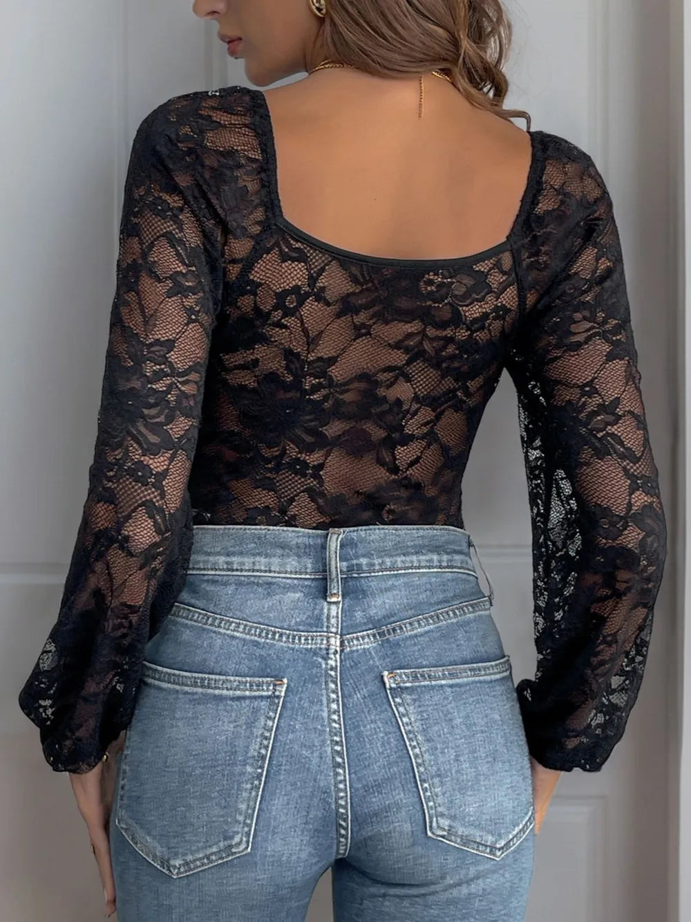 Perfee Bodysuits Perfee Lace V-Neck Long Sleeve Bodysuit