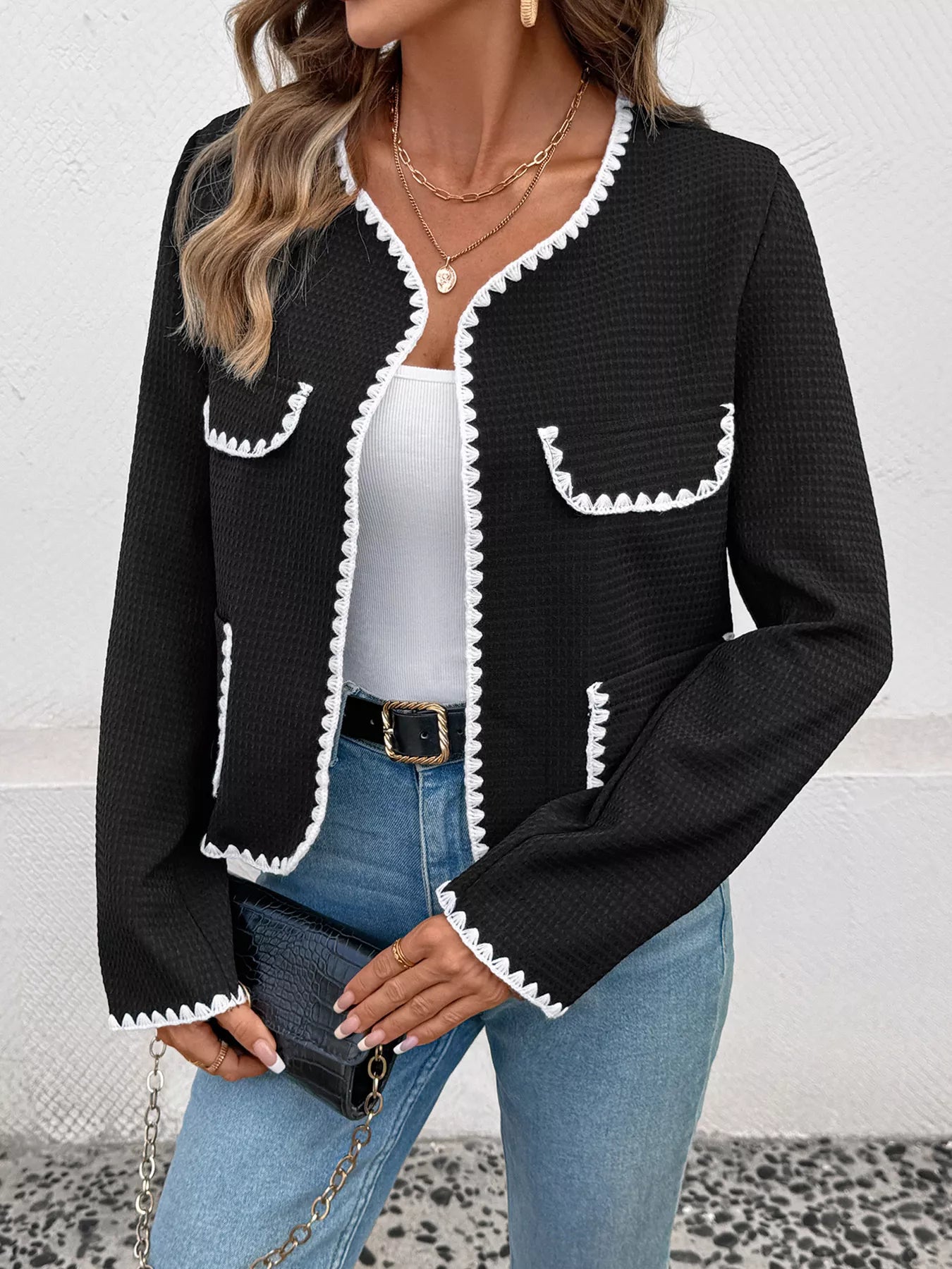 Perfee Contrast Trim Open Front Jacket