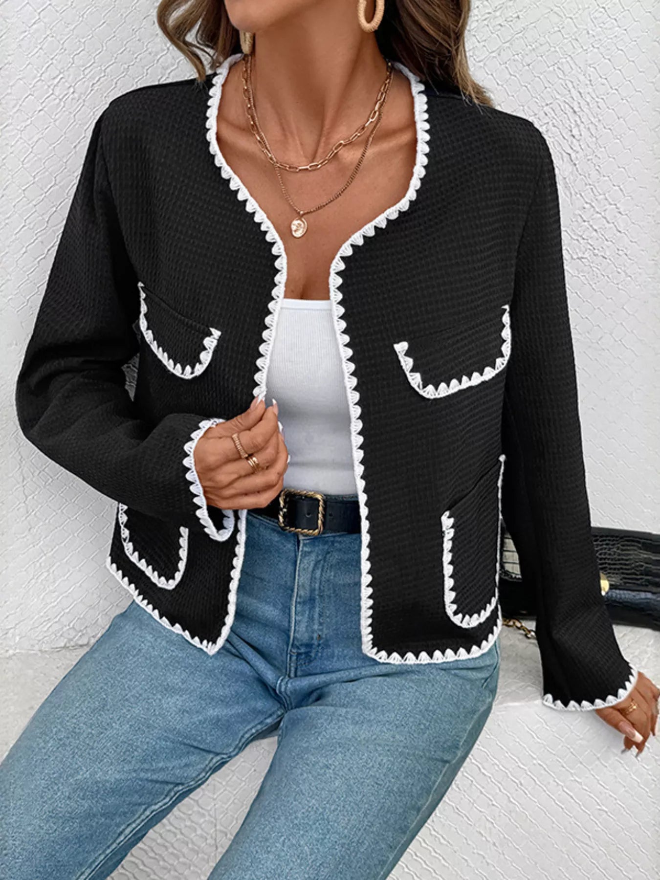 Perfee Contrast Trim Open Front Jacket