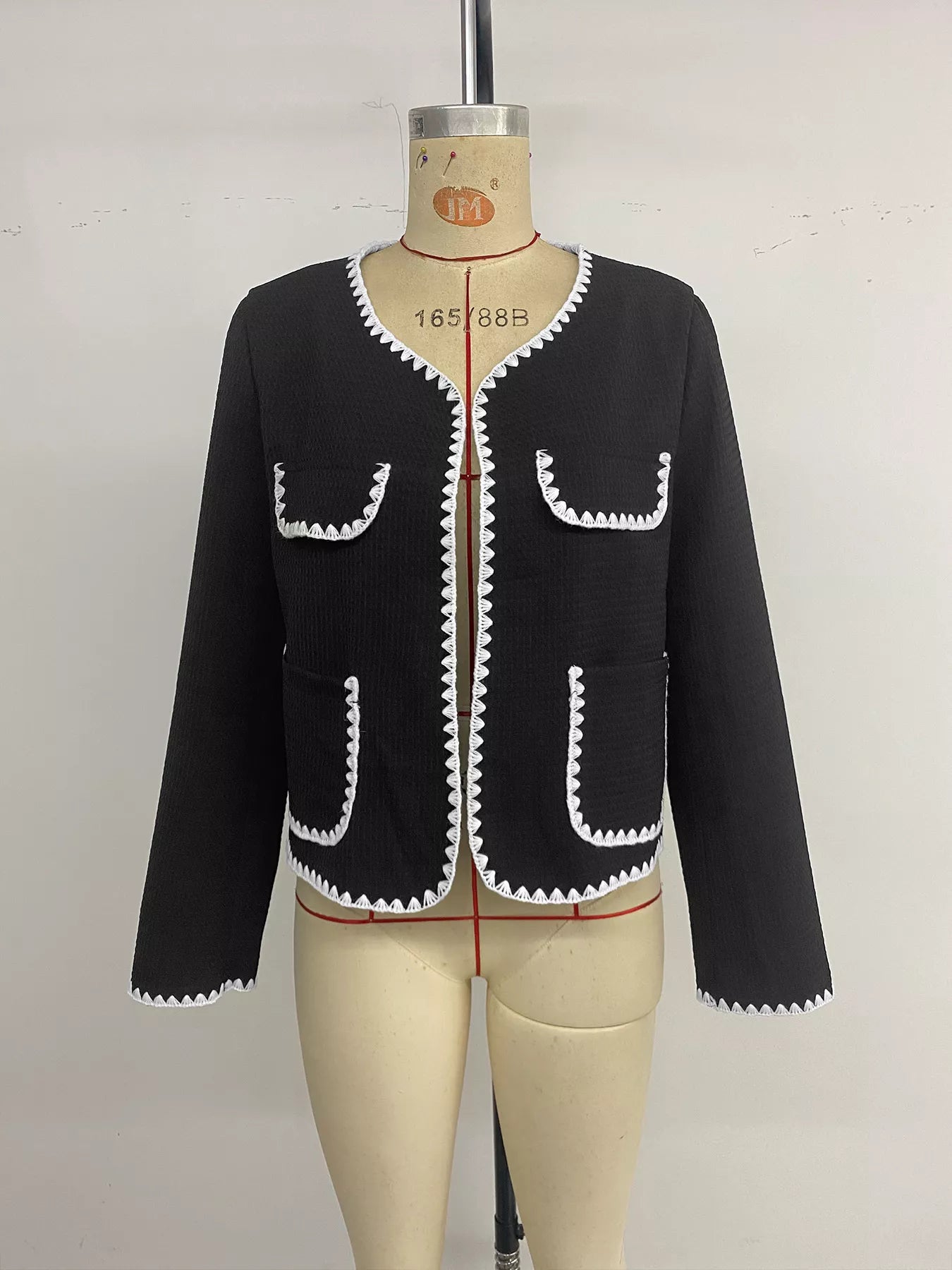 Perfee Contrast Trim Open Front Jacket