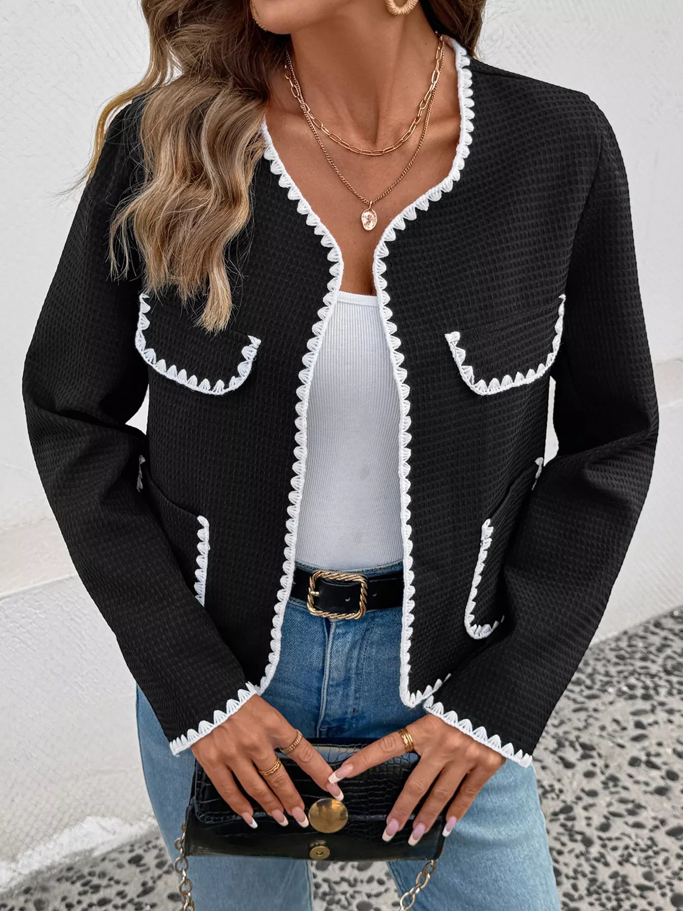 Perfee Contrast Trim Open Front Jacket