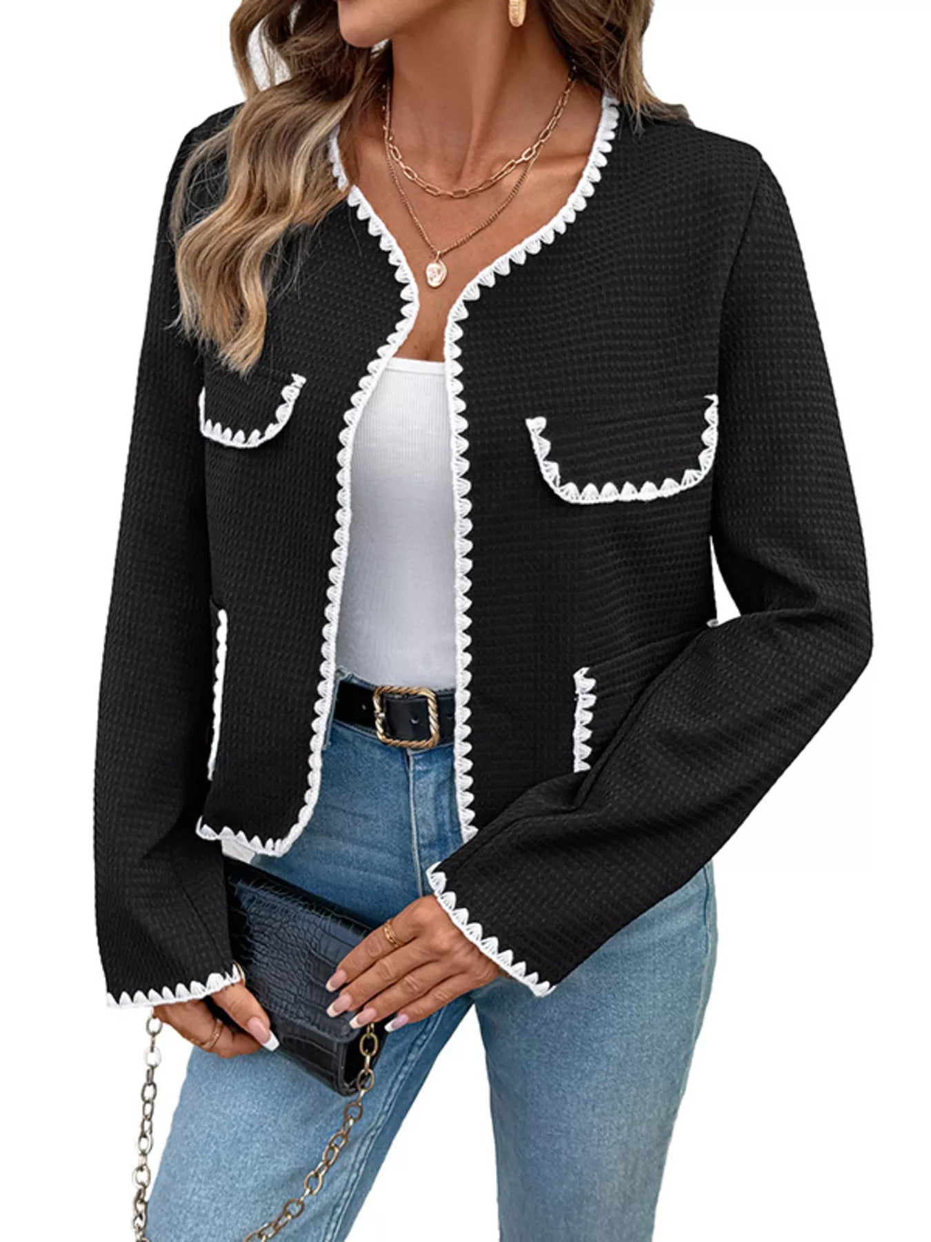 Perfee Contrast Trim Open Front Jacket