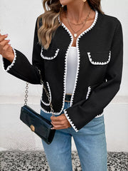 Perfee Contrast Trim Open Front Jacket