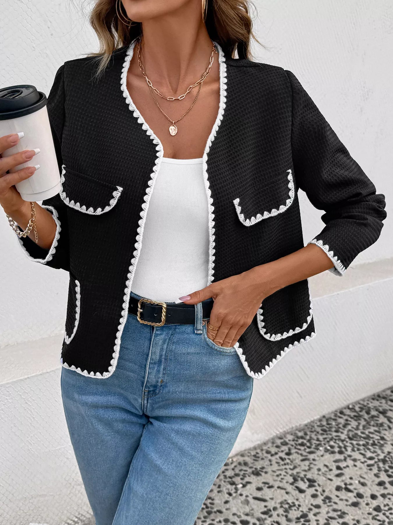 Perfee Contrast Trim Open Front Jacket