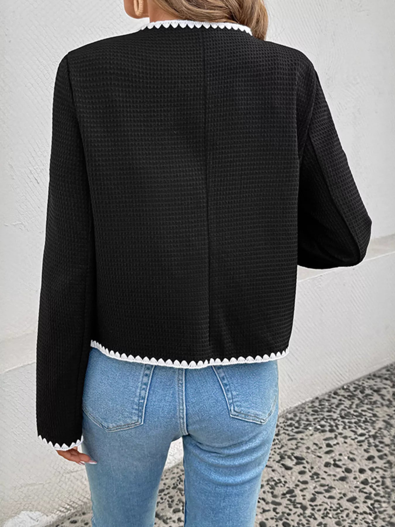 Perfee Contrast Trim Open Front Jacket