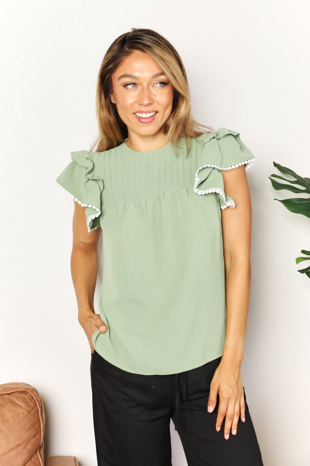 Perfee Dresses Light Green / S Perfee Pleated Detail Flutter Sleeve Blouse