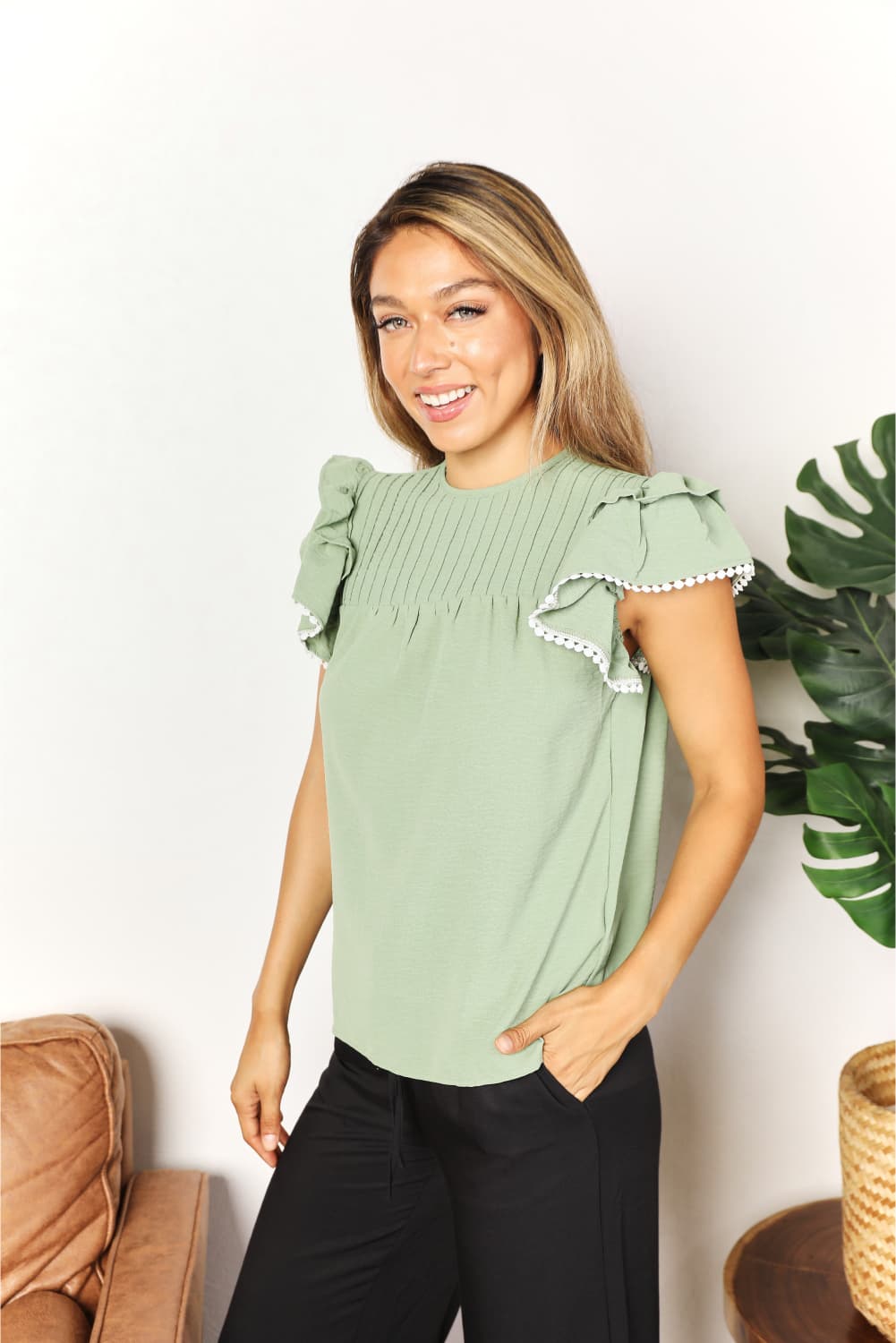 Perfee Dresses Perfee Pleated Detail Flutter Sleeve Blouse