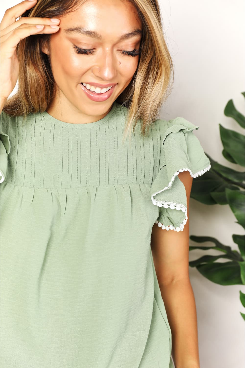 Perfee Dresses Perfee Pleated Detail Flutter Sleeve Blouse