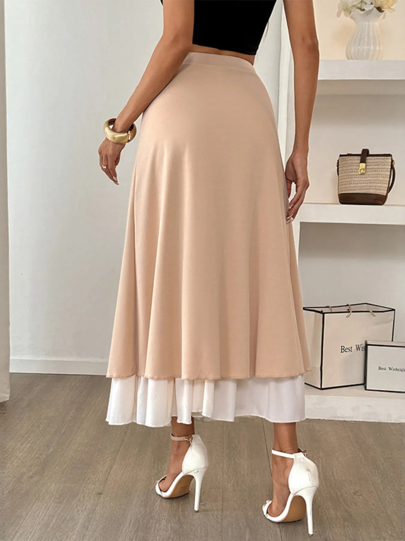 Perfee Layered Midi Skirt with Contrast Hem Detail
