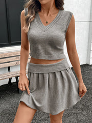 Perfee Light Gray / S V-Neck Vest and Skirt Knit Set
