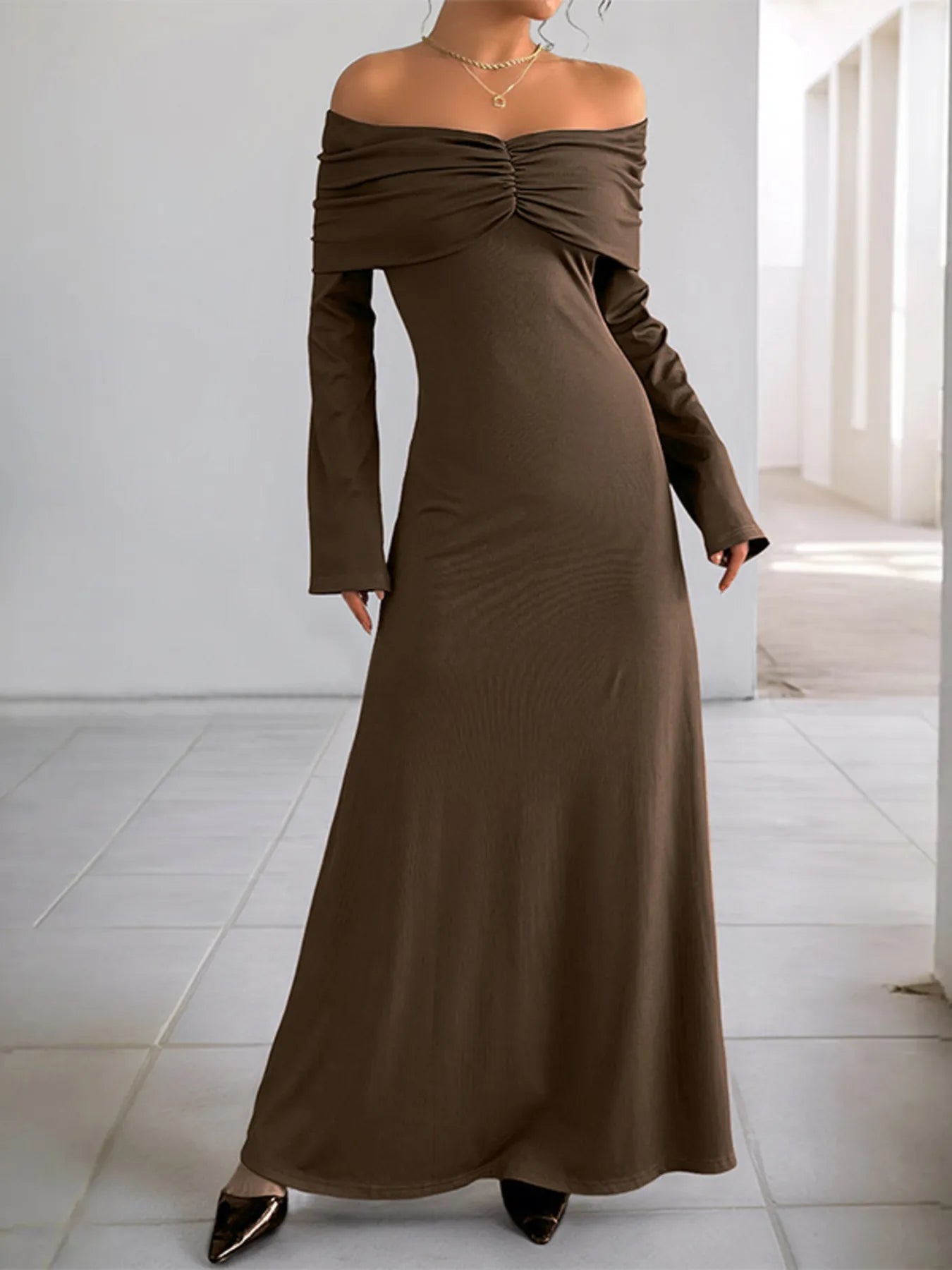 Perfee Off-Shoulder Long Sleeve Bodycon Maxi Dress