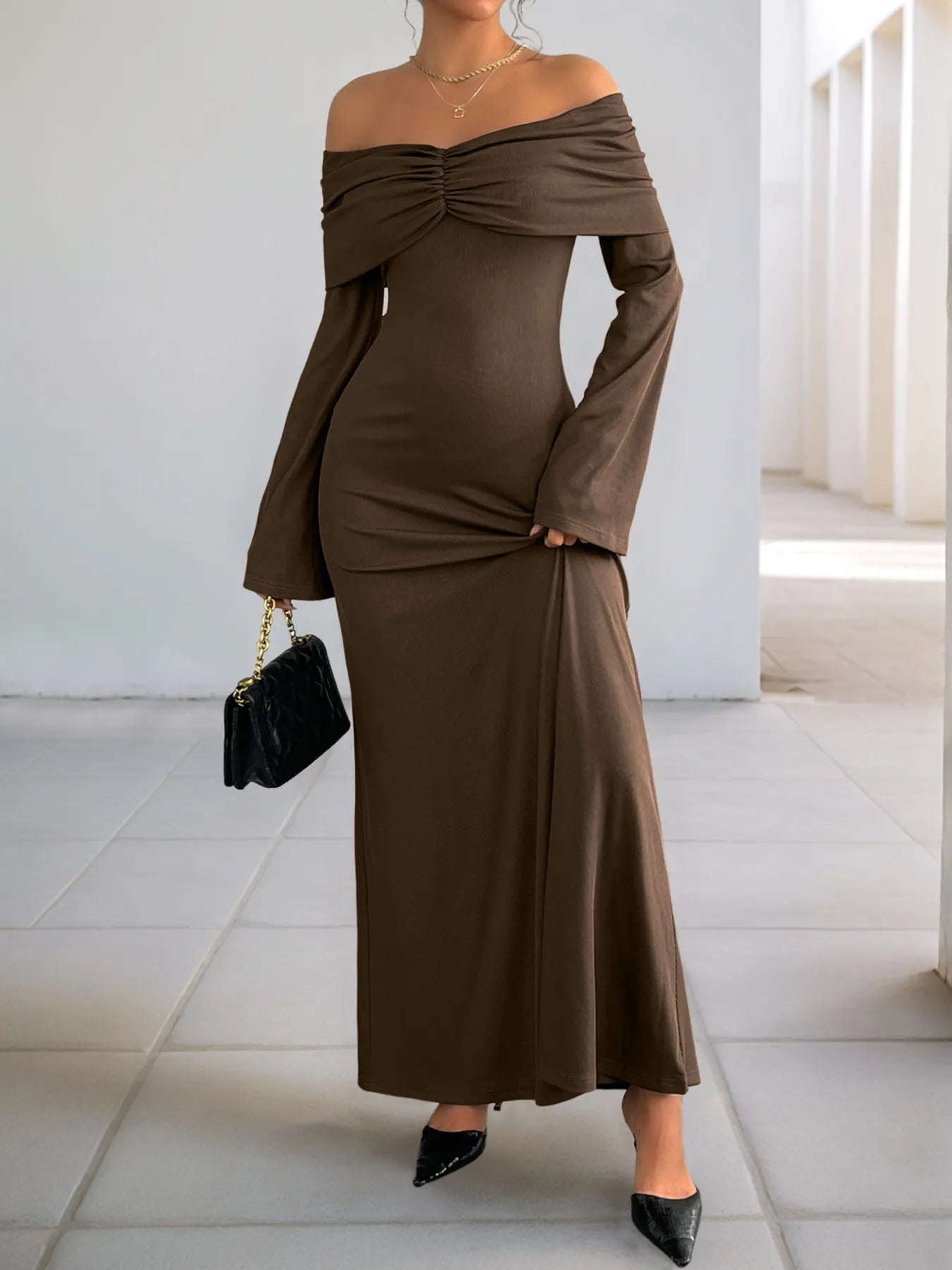 Perfee Off-Shoulder Long Sleeve Bodycon Maxi Dress
