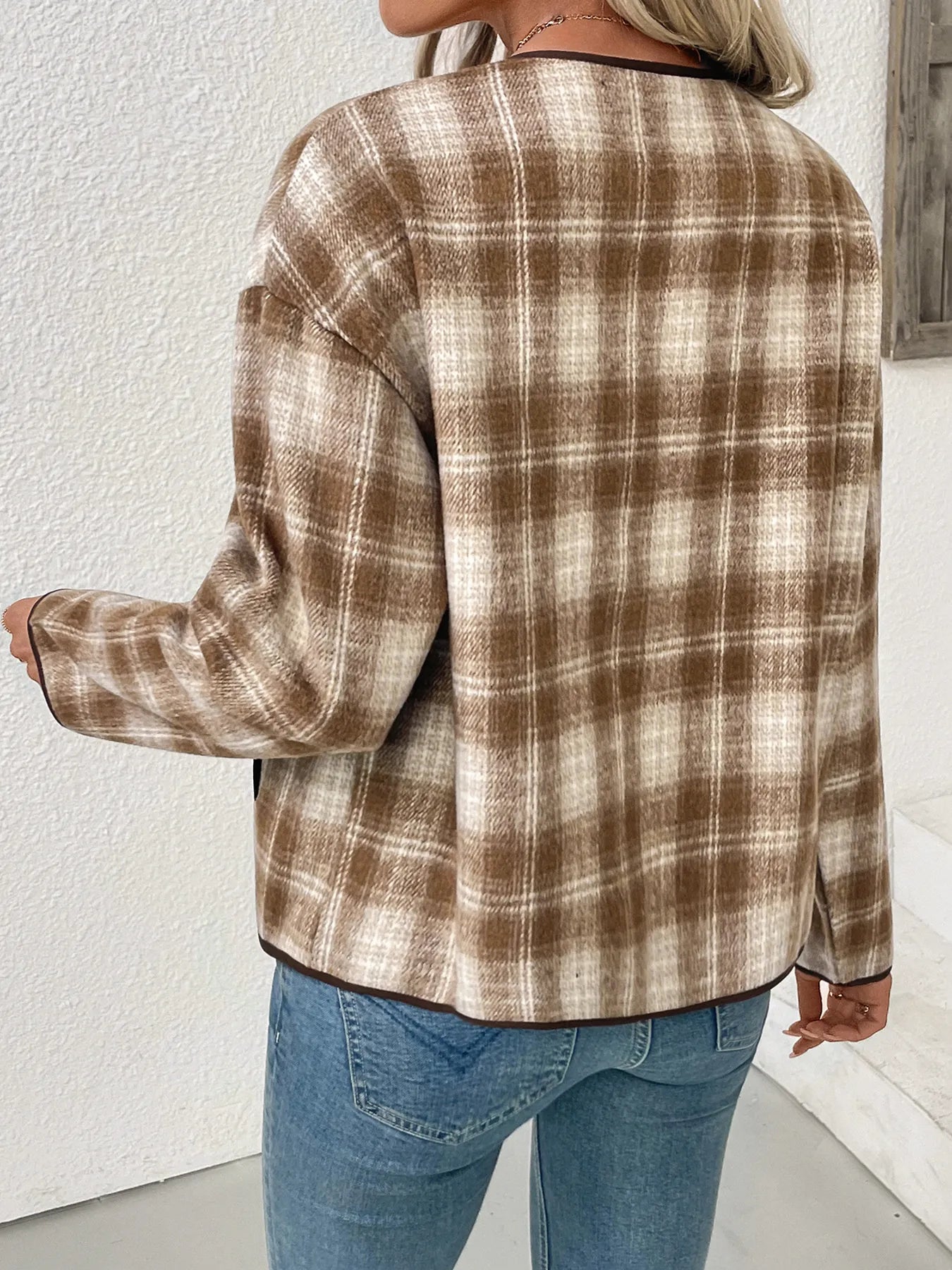 Perfee Plaid Long Sleeve Button-Up Jacket with Chest Pockets