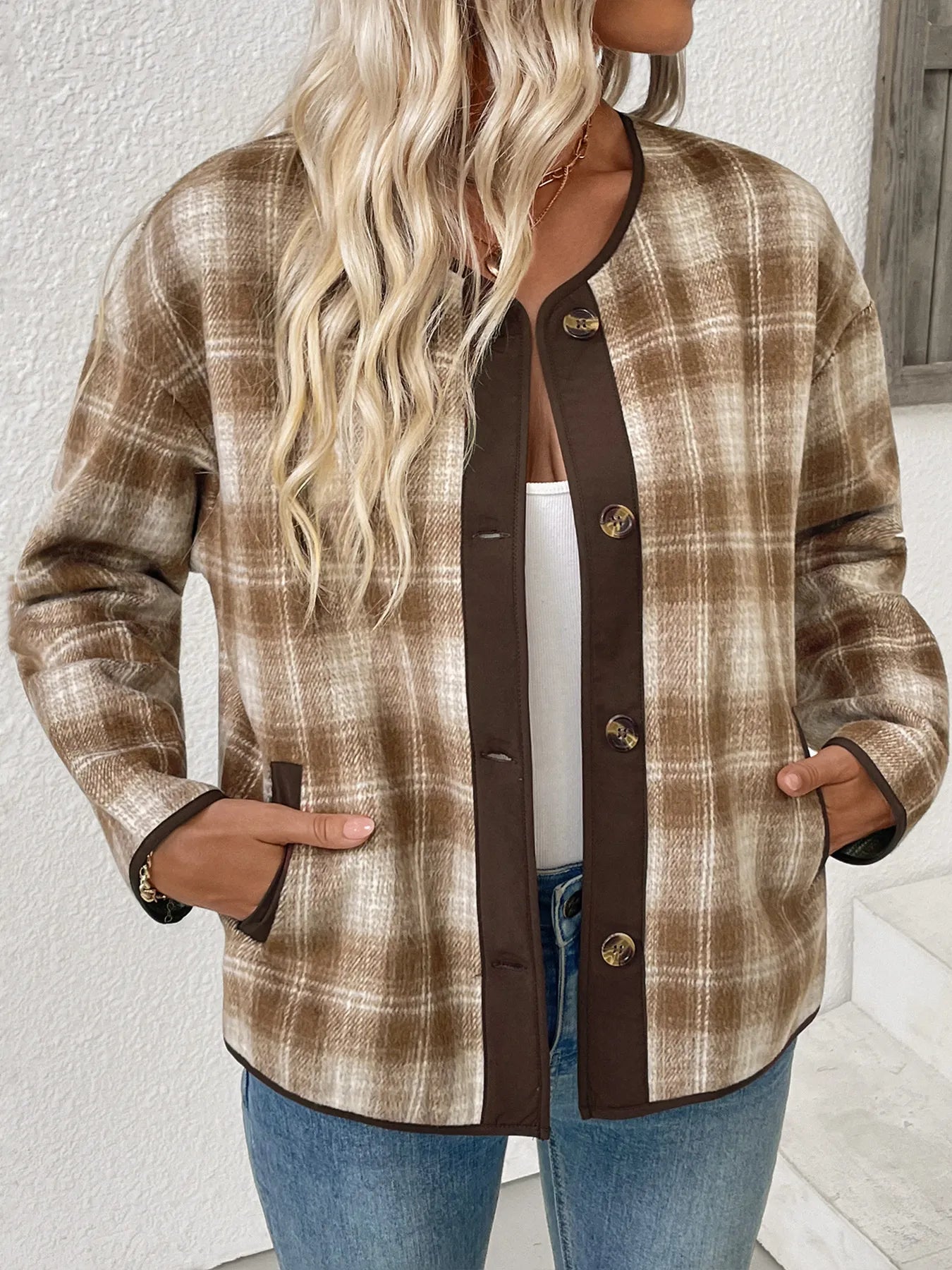 Perfee Plaid Long Sleeve Button-Up Jacket with Chest Pockets