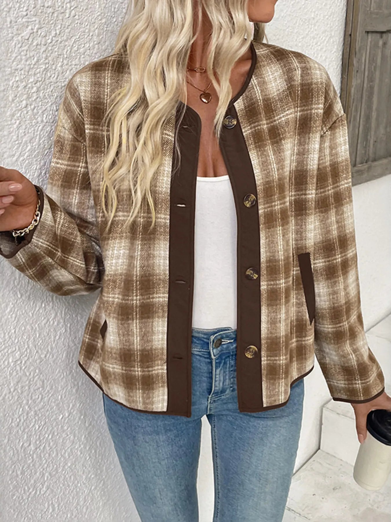 Perfee Plaid Long Sleeve Button-Up Jacket with Chest Pockets