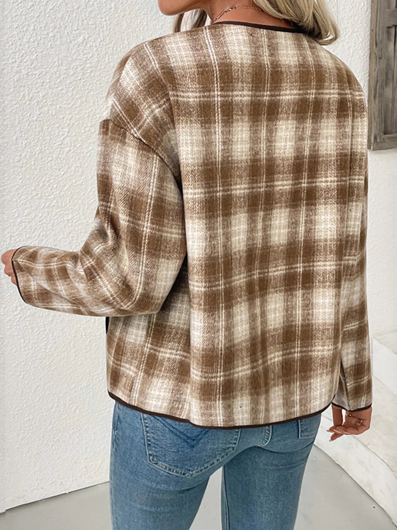 Perfee Plaid Long Sleeve Button-Up Jacket with Chest Pockets
