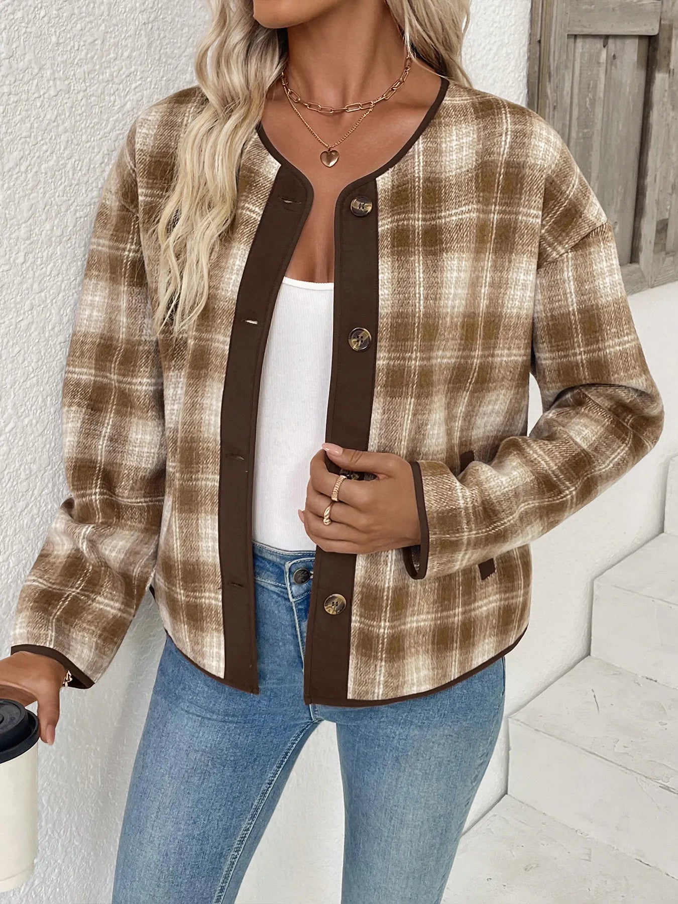 Perfee Plaid Long Sleeve Button-Up Jacket with Chest Pockets