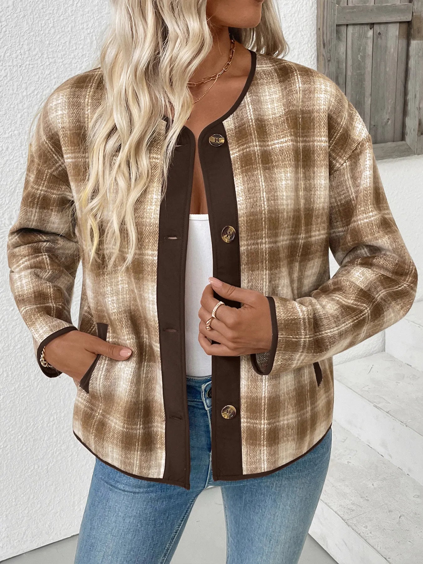 Perfee Plaid Long Sleeve Button-Up Jacket with Chest Pockets